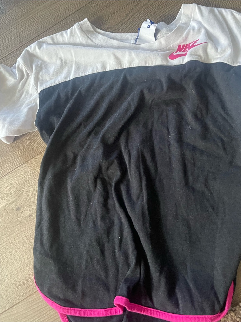 Nike Black and White Colorblock Tee with Pink Logo Trim
